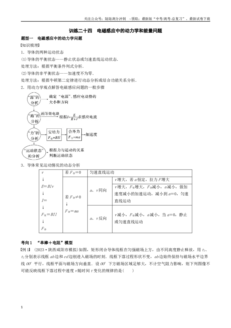 《训练二十四电磁感应中的动力学和能量问题-备战高考物理一轮复习专题复习与训练(原卷版）_04-物理-高考总复习_一轮复习_2024年_2024年高考物理专题复习与训练一轮复习专题题型练习题》第1页预览
