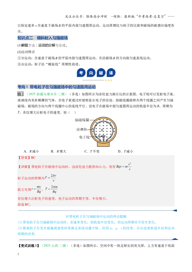 《第39讲带电粒子在磁场中的运动（复习讲义）（安徽专用）（教师版）_04-物理-高考总复习_一轮复习_2026年-物理高考一轮复习_2026年高考物理一轮课件+讲义+练习（安徽专用）-G326》第7页预览