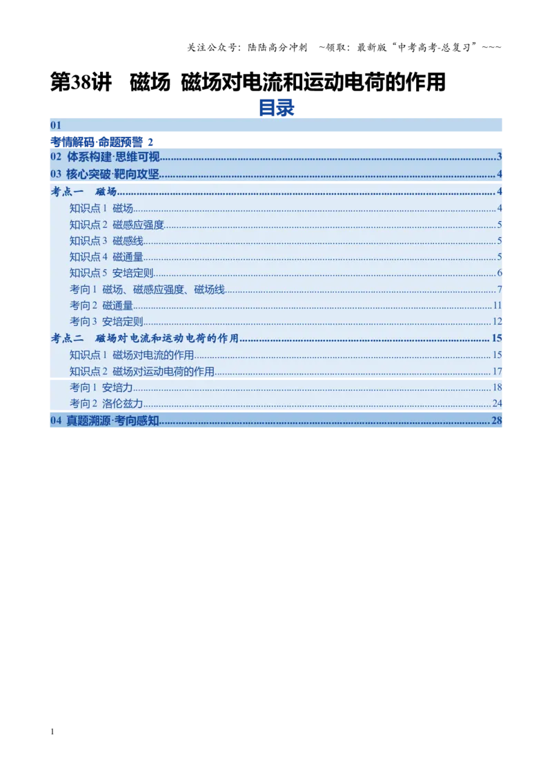 《第38讲磁场磁场对电流和运动电荷的作用（复习讲义）（四川专用）（学生版）_04-物理-高考总复习_一轮复习_2026年-物理高考一轮复习_2026年高考物理一轮课件+讲义+练习（四川专用）-G335》第1页预览