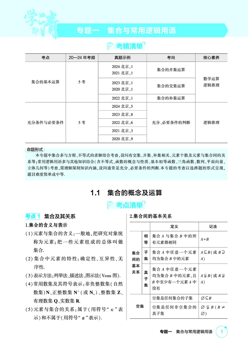 《1_1.1　集合的概念及运算_2026版教学资源包_202653高考总复习A版_北京版_2026版.北京版.高考总复习.数学.5·3A版_图书电子资源_专题一集合与常用逻辑用语_11集合的概念及运算_2_精讲册PDF》第1页预览