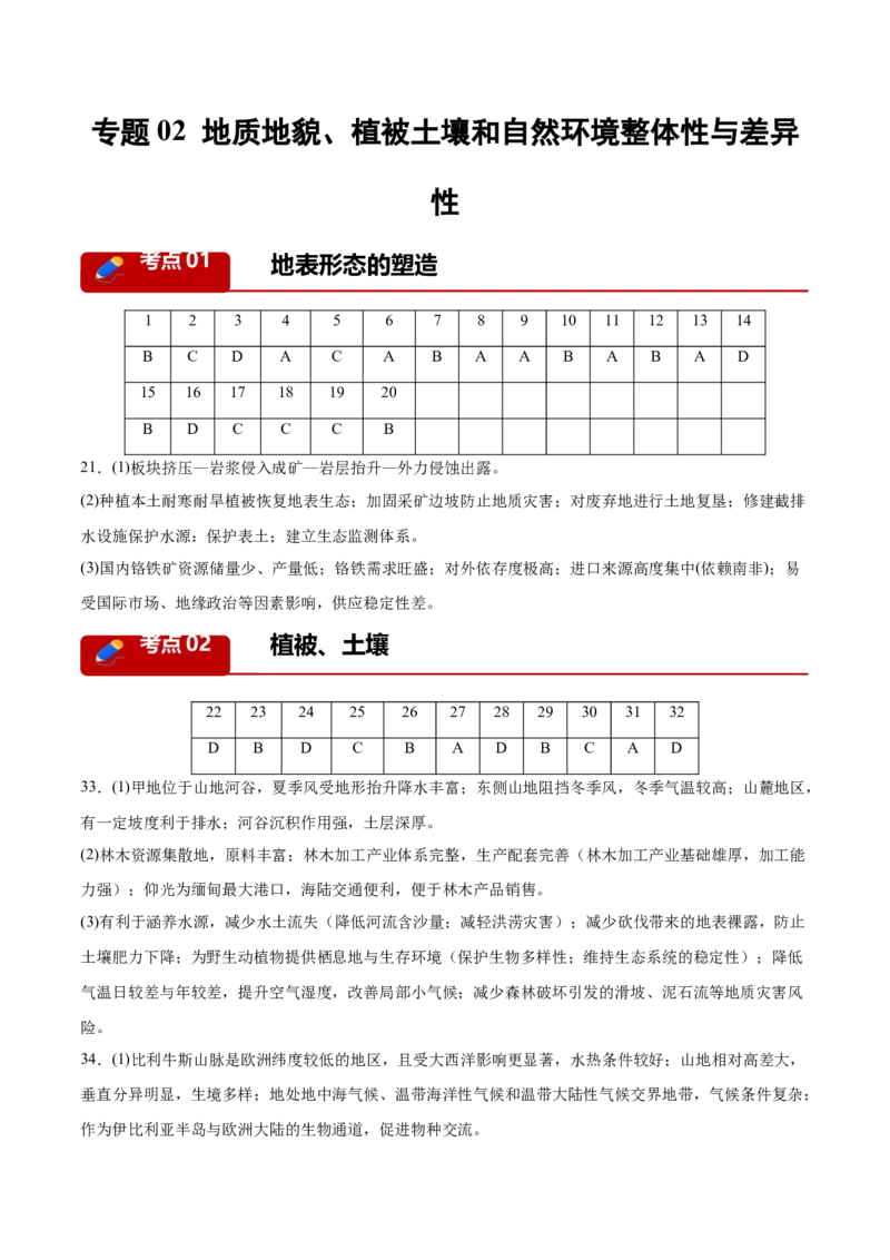 《专题02地质地貌、植被土壤和自然环境整体性与差异性（3大考点）（答案版）_地理_2027年高考地理专项复习_2027年高考地理二模试题分类汇编（天津专用）-G283_2026版》第1页预览