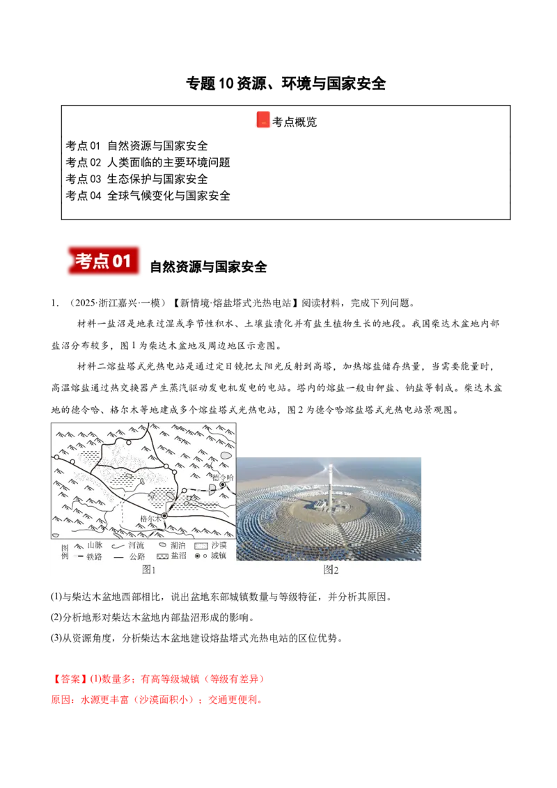 《专题10资源、环境与国家安全（高频非选择题）（教师版）_地理_2026年-地理高考专项复习_2025年高考地理一模试题分类汇编（新高考通用）》第1页预览