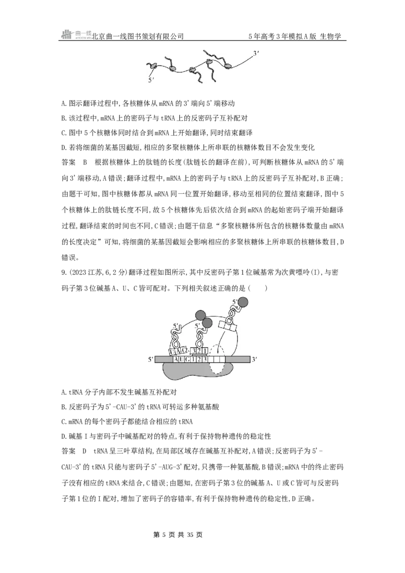 《1_真题分类第10章基因的表达_2026版教学资源包_202653高考总复习A版_山东版_2026版.山东版.选考总复习.生物.5·3A版_图书拓展资源_十年高考真题分类_1_10年高考真题分类题组》第5页预览