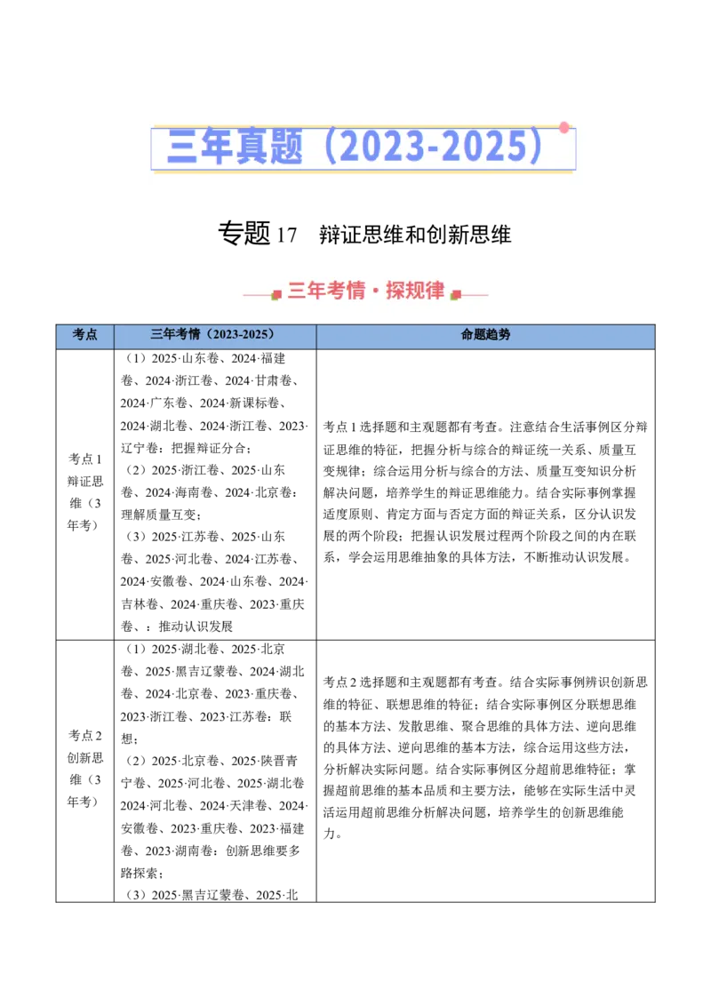 《专题17辩证思维和创新思维（全国通用）（学生版）_zheng治_2026年-政治高考专项复习_三年（2023-2025）高考政治真题分类汇编（全国通用）-C430》第1页预览