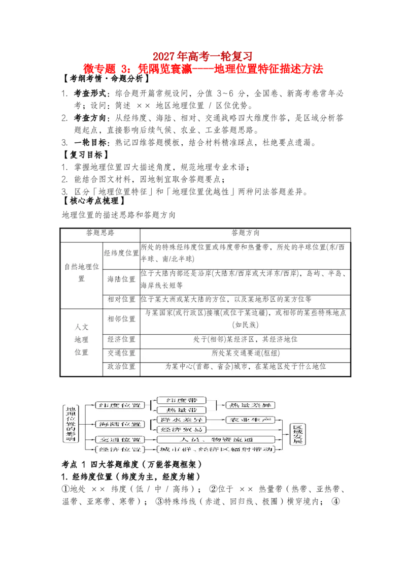 《2027届高考地理一轮复习讲义微专题3：凭隅览寰瀛｜地理位置特征描述方法_地理_2027年高考地理一轮_112027年高考地理一轮复习微专题讲义》第1页预览