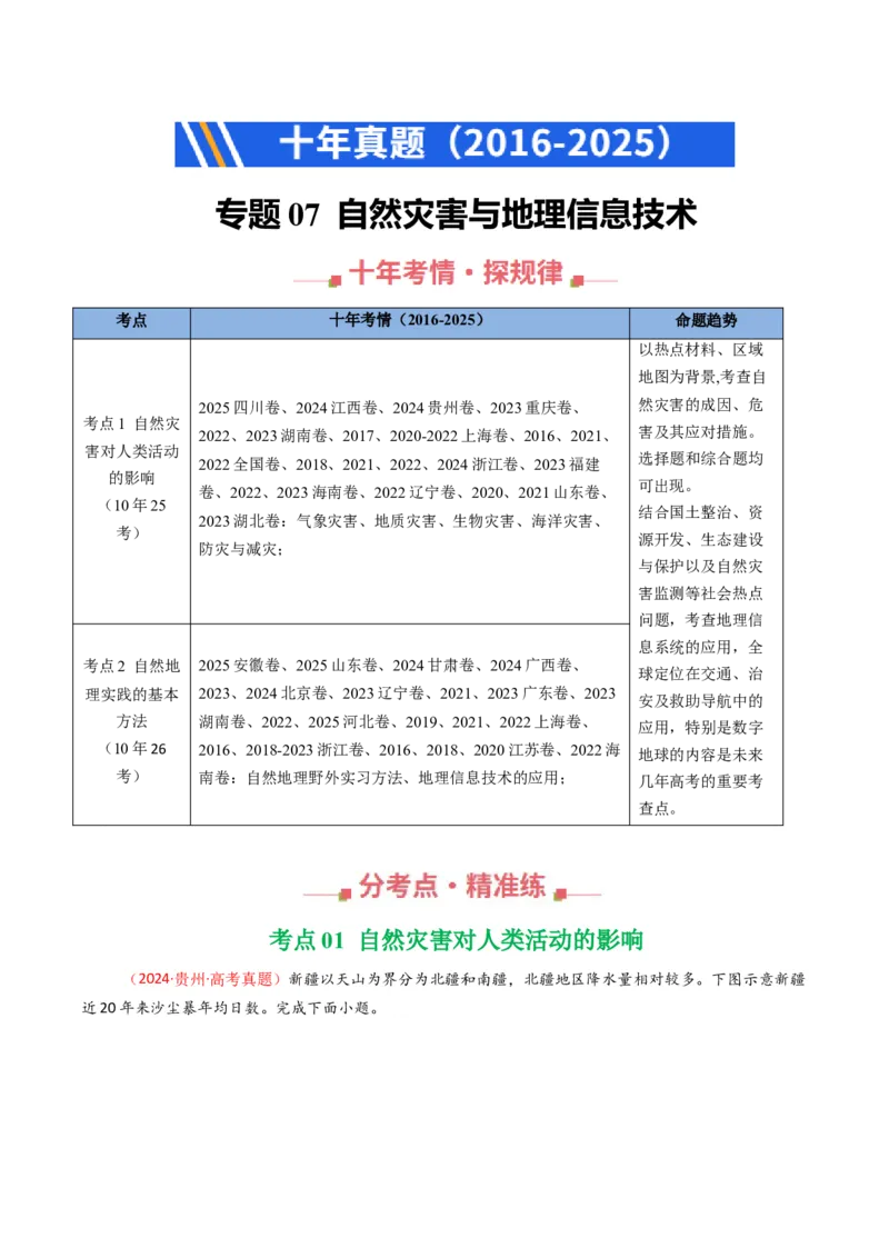 《专题07自然灾害与地理信息技术（全国通用）（学生版）_地理_2026年-地理高考专项复习_十年（2016-2025）高考地理真题分类汇编（全国通用）-G15》第1页预览