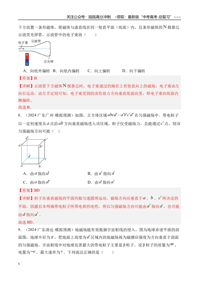 《第54讲磁场对运动电荷（带电体）的作用-（练习）（教师版）_04-物理-高考总复习_一轮复习_2026年-物理高考一轮复习_2026年高考物理一轮复习精讲精练-G367_资料》第8页预览