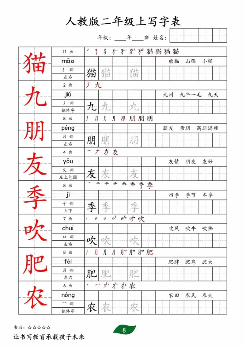 《二年级上册全册生字写字表_2年级上册同步教辅_2上-语文_二上语文-生字+字帖》第8页预览