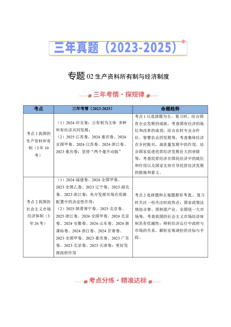 《专题02生产资料所有制与经济制度（全国通用）（教师版）_zheng治_2026年-政治高考专项复习_三年（2023-2025）高考政治真题分类汇编（全国通用）-C430》第1页预览