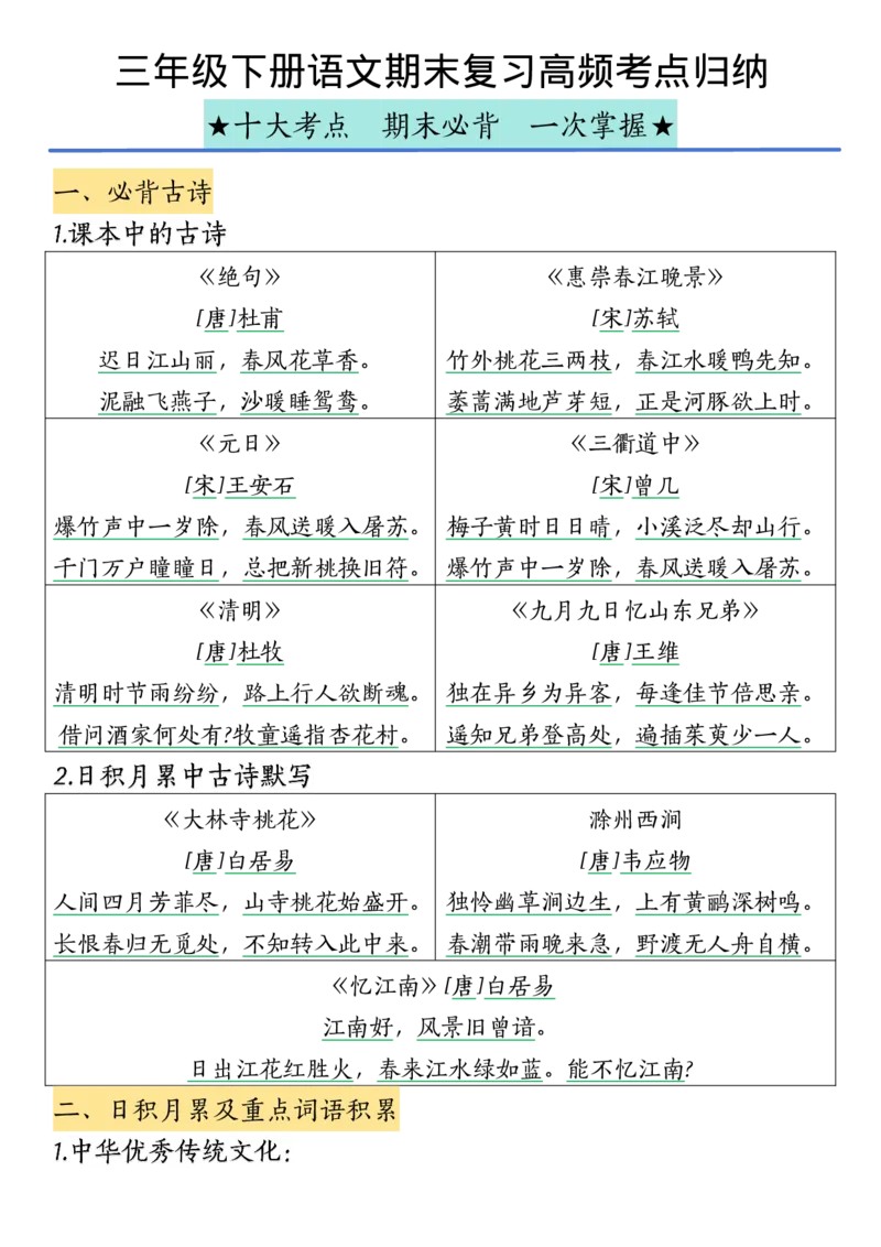 《三（下）语文期末复习高频考点归纳_3年级下册同步教辅_3下-语文_三下语文核心考点》第1页预览