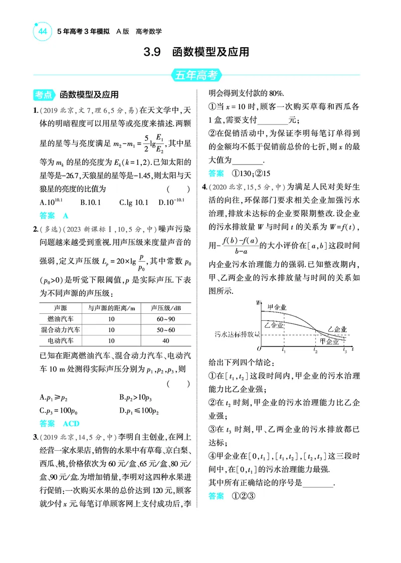 《2_3.9函数模型及应用训练册_2025版教学资源包_（总复习系列）2025版《5年高考3年模拟》新高考版A版（⭐全科）_2025版.新高考版.高考总复习.数学.5·3A版_图书电子教参_39函数模型及应用》第1页预览