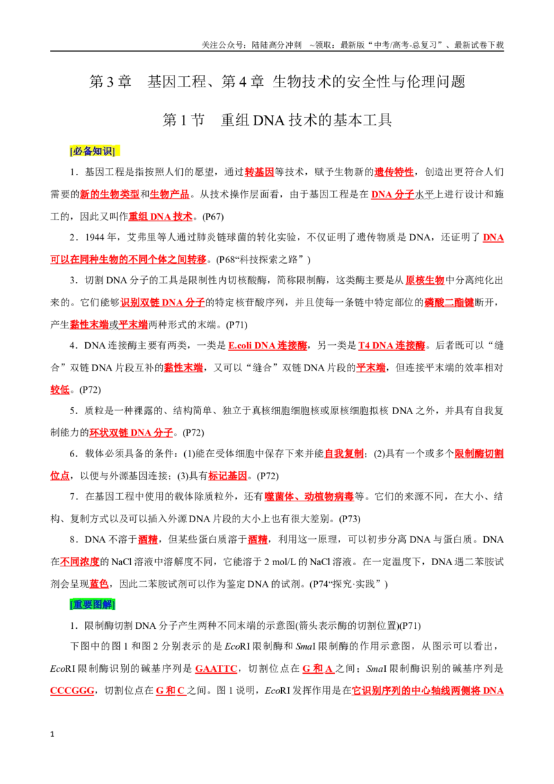 《第3章基因工程、第4章生物技术的安全性与伦理问题（背诵版）_06-生物-高考总复习_专项复习_2025年_2025年高考生物必背知识清单_资料_选择性必修3》第1页预览