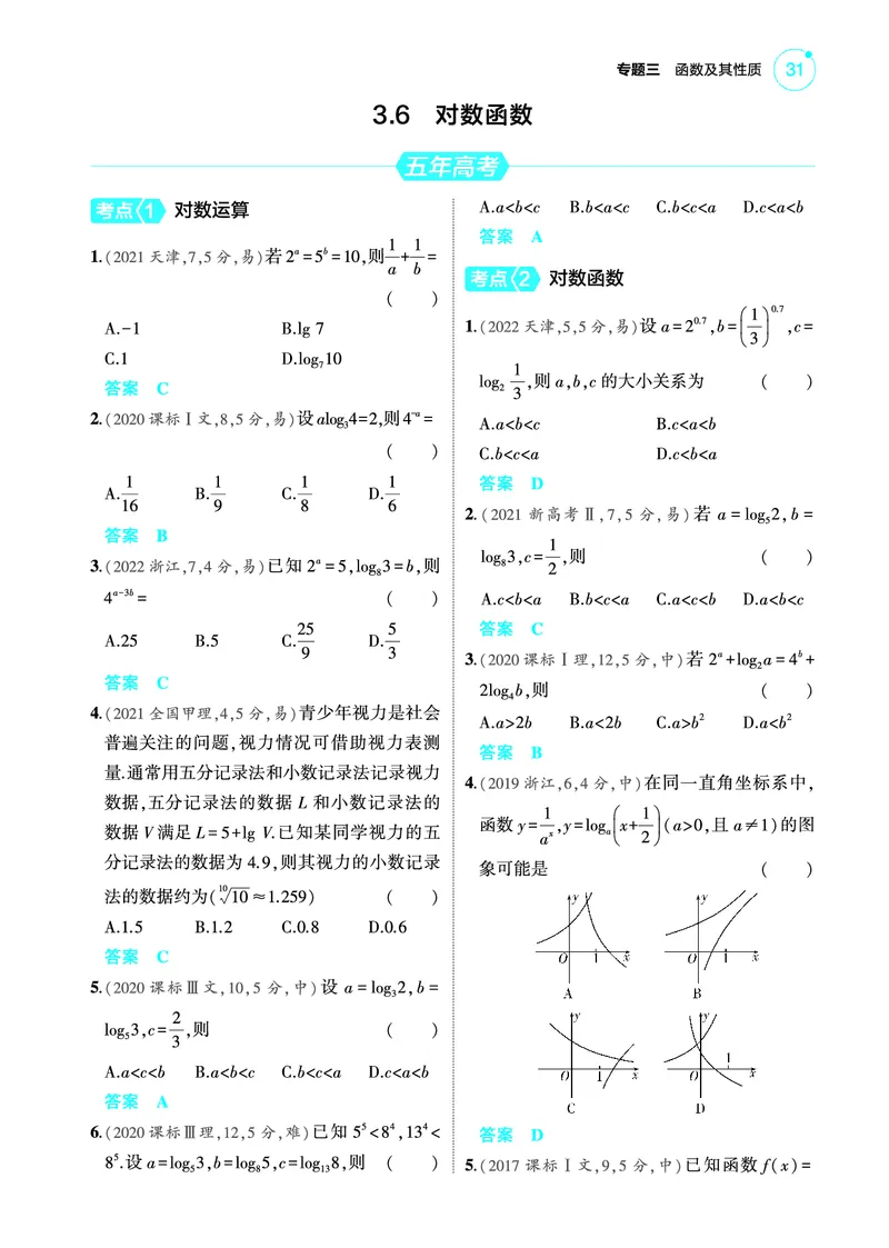 《2_3.6对数函数训练册_2025版教学资源包_（总复习系列）2025版《5年高考3年模拟》新高考版A版（⭐全科）_2025版.新高考版.高考总复习.数学.5·3A版_图书电子教参_专题三函数及其性质》第1页预览