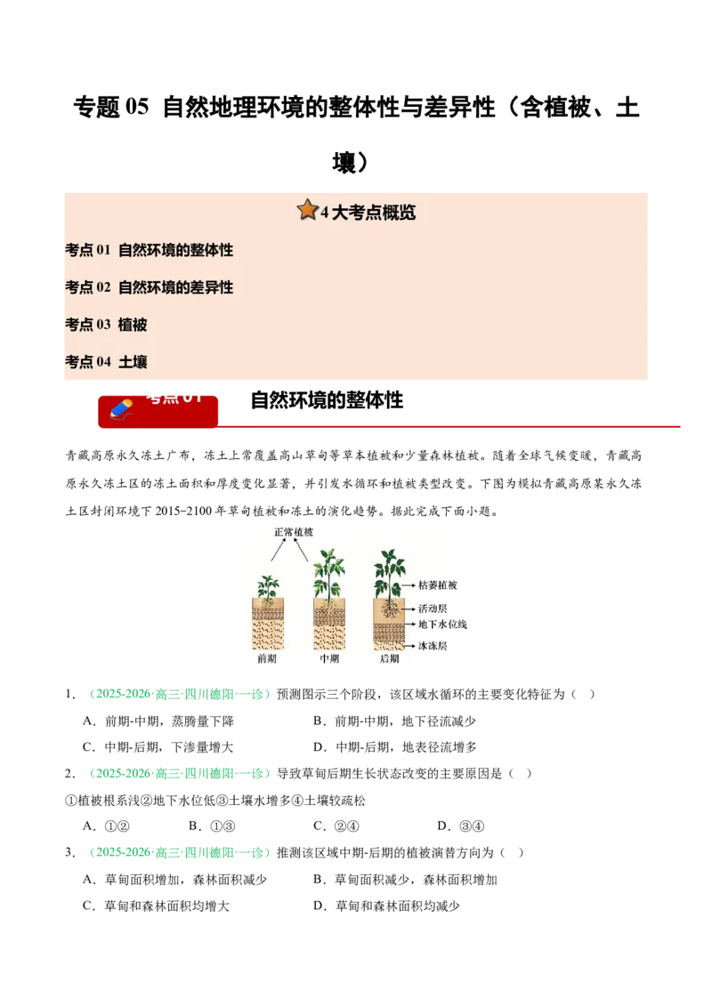 《专题05自然地理环境的整体性与差异性（含植被、土壤）（4大考点）（教师版）(1)_地理_2027年高考地理专项复习_2026年高考地理一模试题分类汇编（四川专用）-G175_2026版》第1页预览