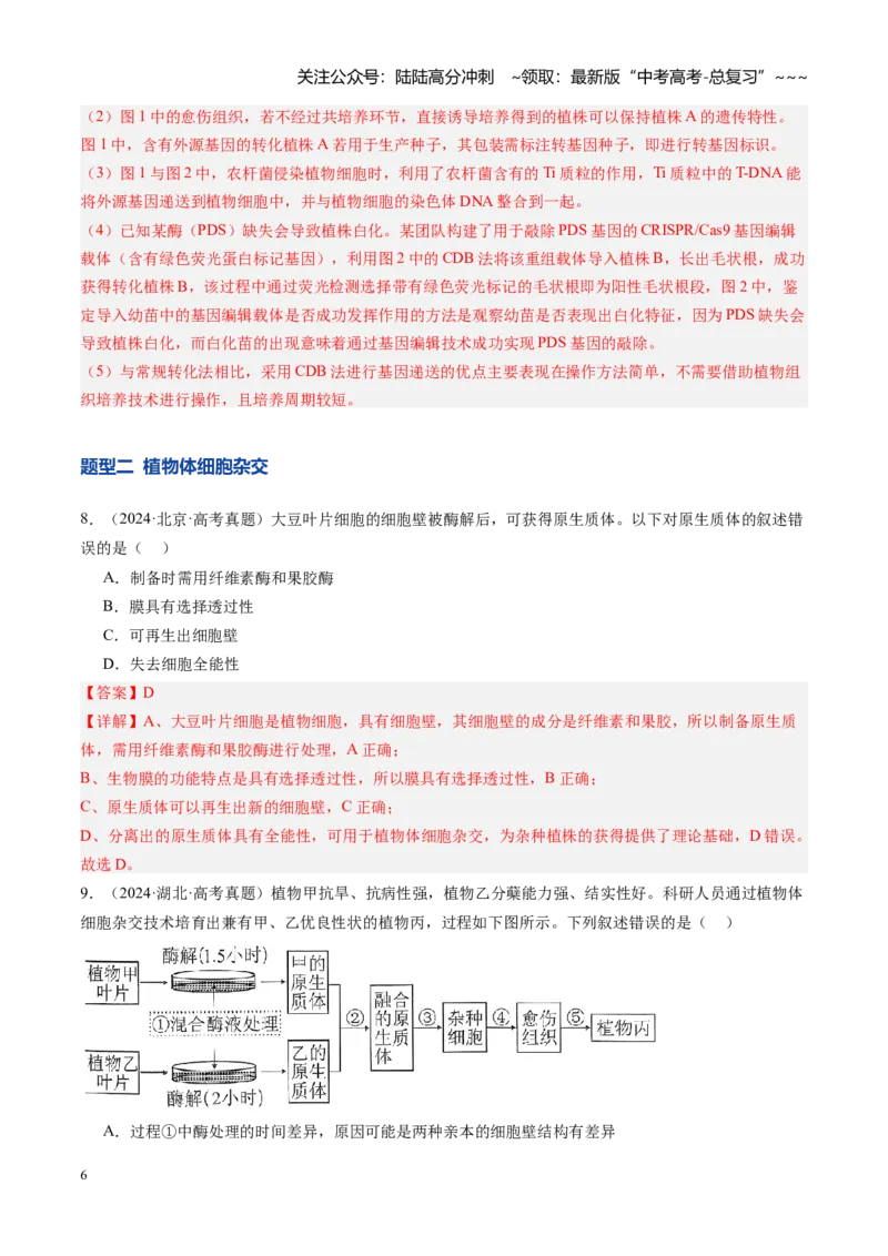 《第40讲植物细胞工程（专项训练）（安徽专用）（教师版）_06-生物-高考总复习_一轮复习_2026年-生物高考一轮复习_2026年高考生物一轮课件+讲义+练习（安徽专用）-G326》第6页预览