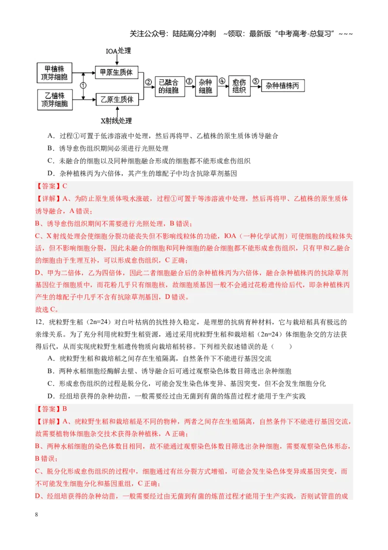 《第40讲植物细胞工程（专项训练）（安徽专用）（教师版）_06-生物-高考总复习_一轮复习_2026年-生物高考一轮复习_2026年高考生物一轮课件+讲义+练习（安徽专用）-G326》第8页预览