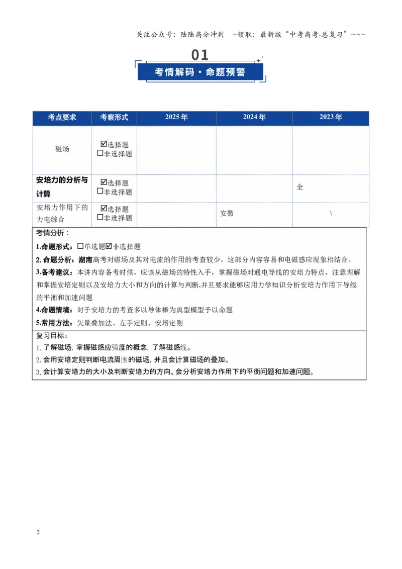 《第46讲磁场及其对电流的作用（复习讲义）（湖南专用）（教师版）_04-物理-高考总复习_一轮复习_2026年-物理高考一轮复习_2026年高考物理一轮课件+讲义+练习（湖南专用）-G331》第2页预览