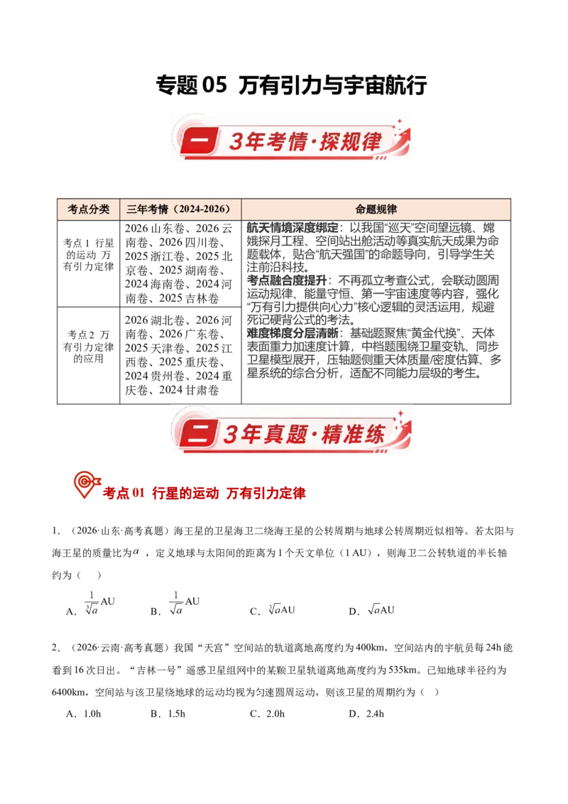 《专题05万有引力与宇宙航行（3年汇编）（全国通用）（学生版）_地理_2027年高考地理专项复习_三年（2024-2026）高考物理真题分类汇编（全国通用）-C420》第1页预览
