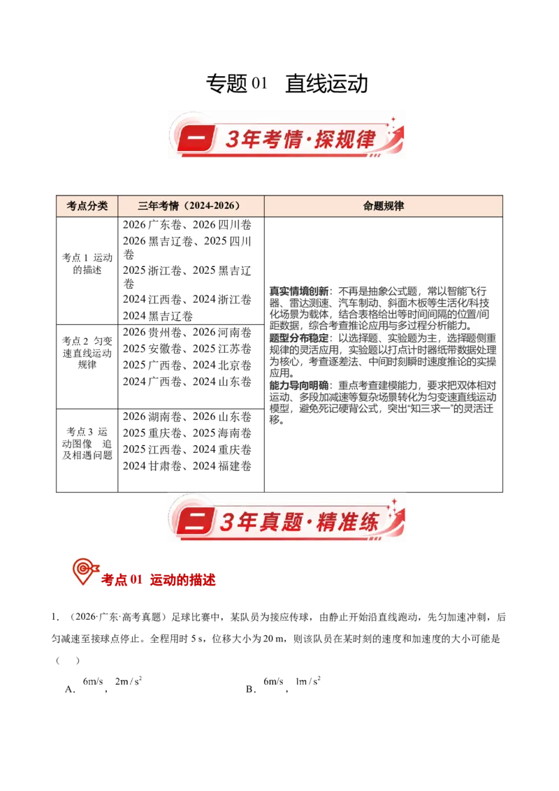 《专题01直线运动（3年汇编）（全国通用）（学生版）_地理_2027年高考地理专项复习_三年（2024-2026）高考物理真题分类汇编（全国通用）-C420》第1页预览
