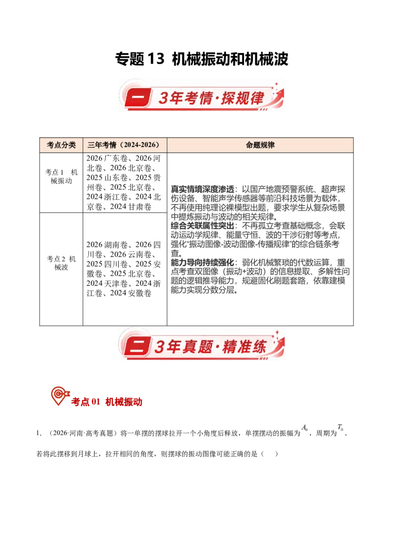 《专题13机械振动和机械波（3年汇编）（全国通用）（学生版）_地理_2027年高考地理专项复习_三年（2024-2026）高考物理真题分类汇编（全国通用）-C420》第1页预览