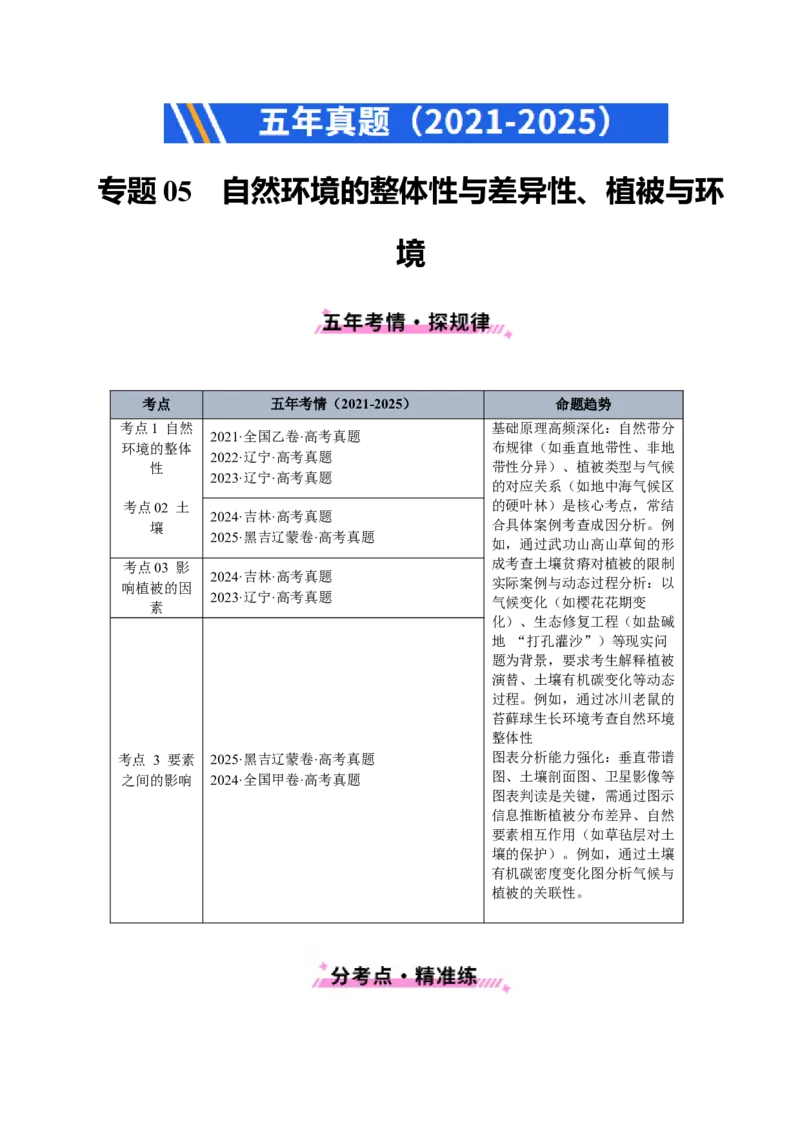 《专题05自然环境的整体性与差异性、植被与环境（学生版）_地理_2026年-地理高考专项复习_五年（2021-2025）高考地理真题分类汇编（黑吉辽蒙专用）-G341》第1页预览