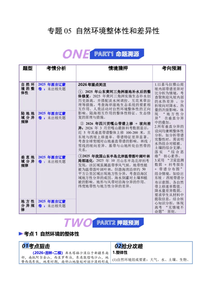 《专题05自然环境整体性和差异性（抢分专练）（原卷版）_地理_2026年-地理高考专项复习_2026年高考地理终极冲刺讲练测（黑吉辽蒙专用）-G466_2026版》第1页预览
