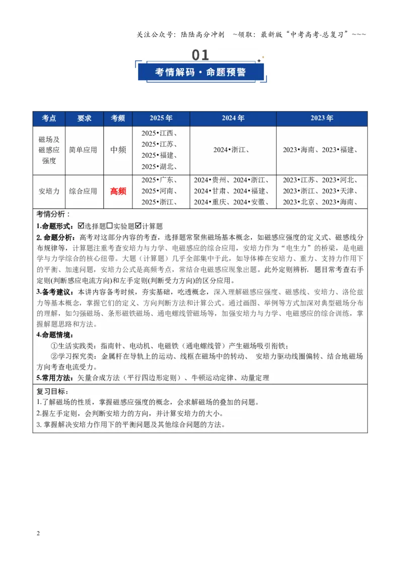 《第46讲磁场及其对电流的作用（复习讲义）（全国通用）（学生版）_04-物理-高考总复习_一轮复习_2026年-物理高考一轮复习_2026年高考物理一轮复习讲义+练习+课件（新教材新高考）-G55》第2页预览