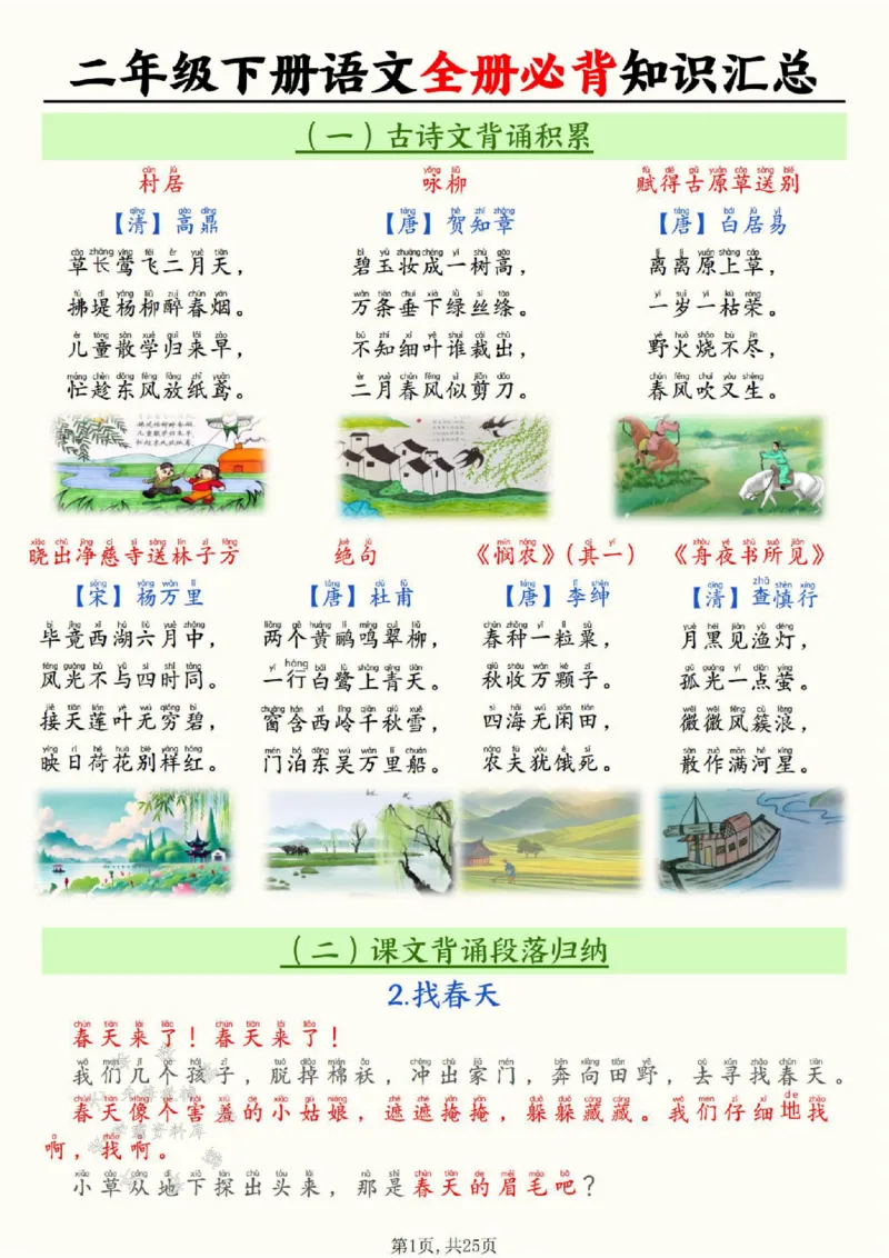 《二下语文全册必背知识汇总(25页）SY(1)_2年级下册同步教辅_2下-语文_二下语文-知识点汇总》第1页预览