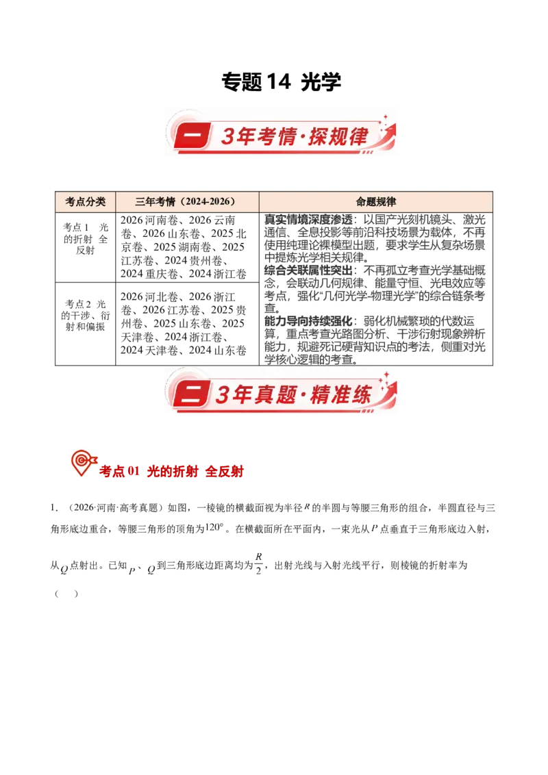 《专题14光学（3年汇编）（全国通用）（学生版）_地理_2027年高考地理专项复习_三年（2024-2026）高考物理真题分类汇编（全国通用）-C420》第1页预览
