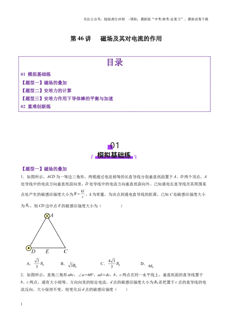 《第46讲磁场及其对电流的作用（练习）（学生版）_04-物理-高考总复习_一轮复习_2025年_2025年高考物理一轮复习讲义+练习+课件（新教材新高考）_第十一章磁场》第1页预览
