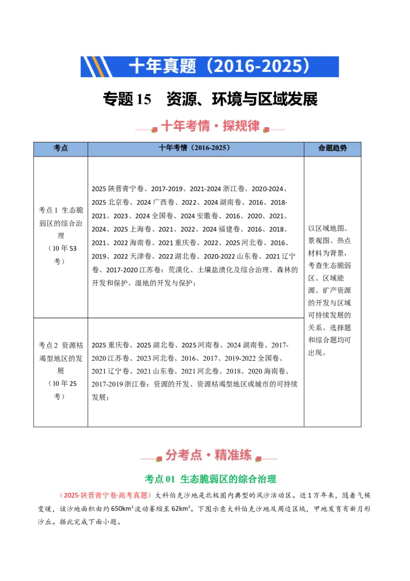 《专题15资源、环境与区域发展（全国通用）（学生版）_地理_2026年-地理高考专项复习_十年（2016-2025）高考地理真题分类汇编（全国通用）-G15》第1页预览