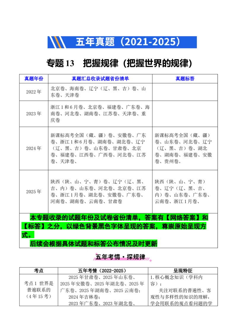 《专题13把握规律（把握世界的规律）（全国通用）（原卷版）_zheng治_2026年-政治高考专项复习_五年（2021-2025）高考政治真题分类汇编（全国通用）-C438》第1页预览