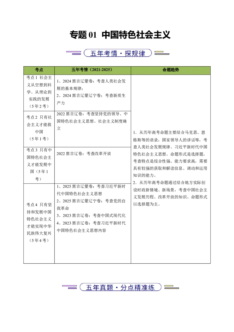 《专题01中国特色社会主义（教师版）_zheng治_2026年-政治高考专项复习_五年（2021-2025）高考政治真题分类汇编（黑吉辽蒙专用）-G341》第1页预览