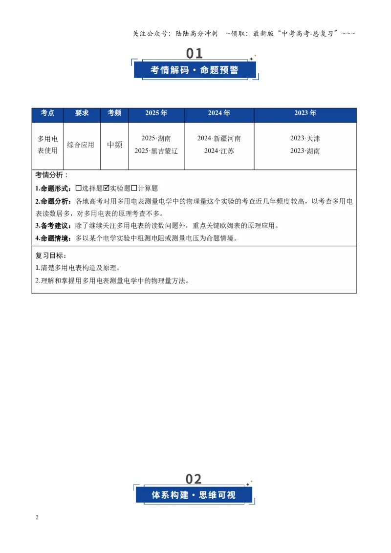 《第44讲重点实验：用多用电表测量电学中的物理量（复习讲义）（全国通用）（教师版）_04-物理-高考总复习_一轮复习_2026年-物理高考一轮复习_2026版_第十章恒定电流》第2页预览