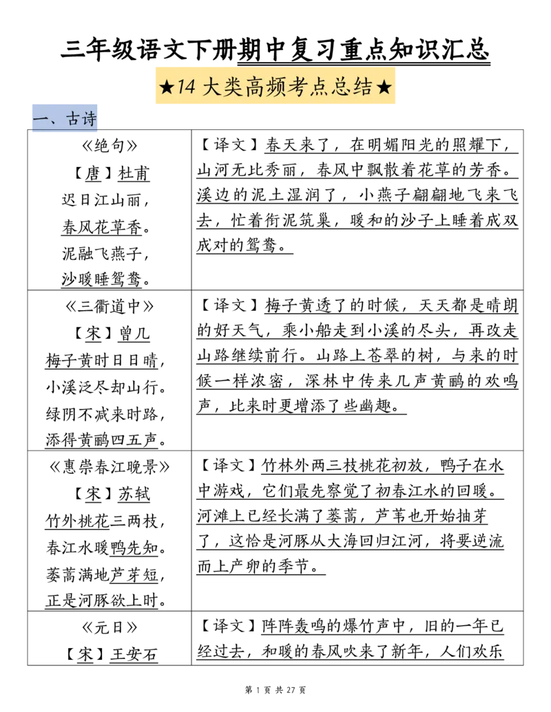 《三（下）语文期中复习重点知识汇总-14大高频考点_3年级下册同步教辅_3下-语文_三下语文核心考点》第1页预览
