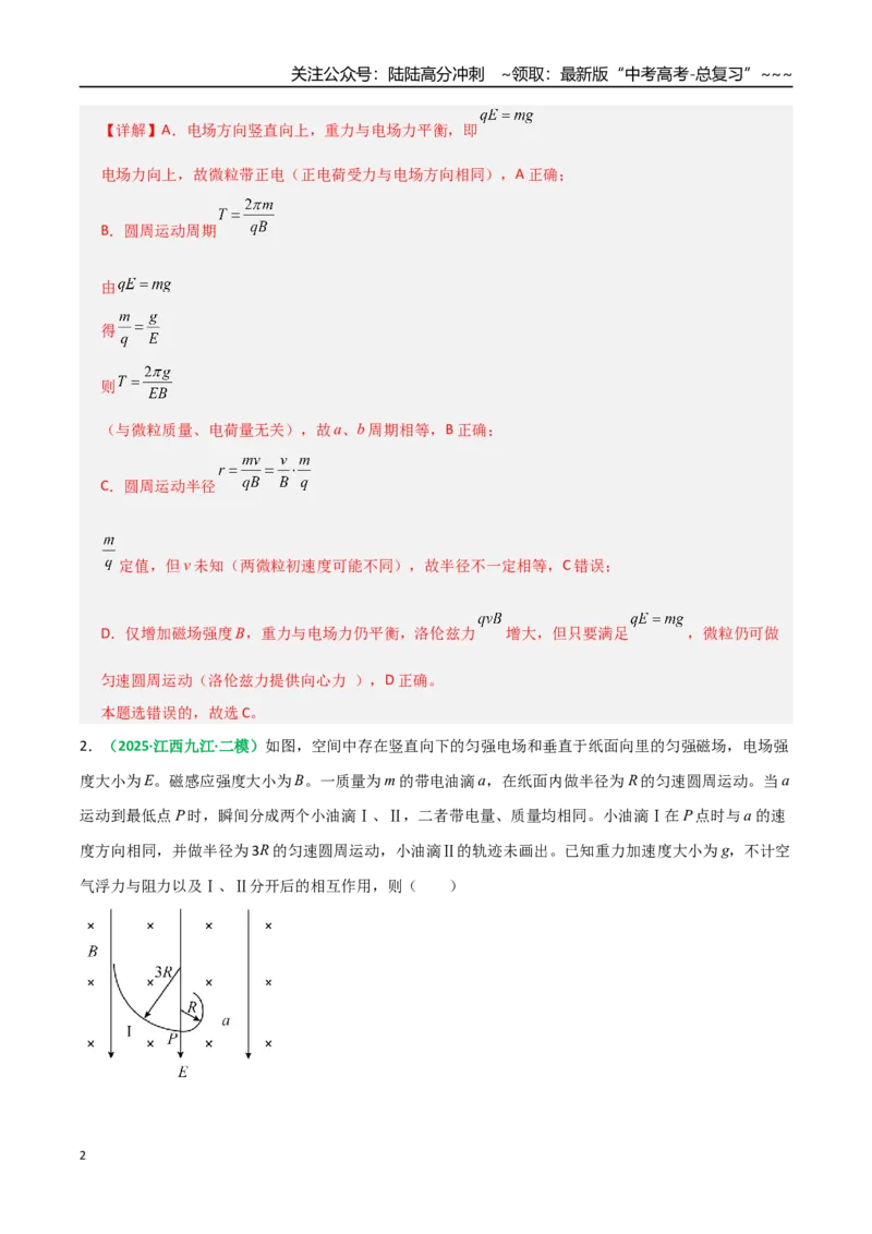 《第50讲带电粒子在叠加场中的运动（专项训练）（全国通用）（教师版）_04-物理-高考总复习_一轮复习_2026年-物理高考一轮复习_2026年高考物理一轮复习讲义+练习+课件（新教材新高考）-G55》第2页预览
