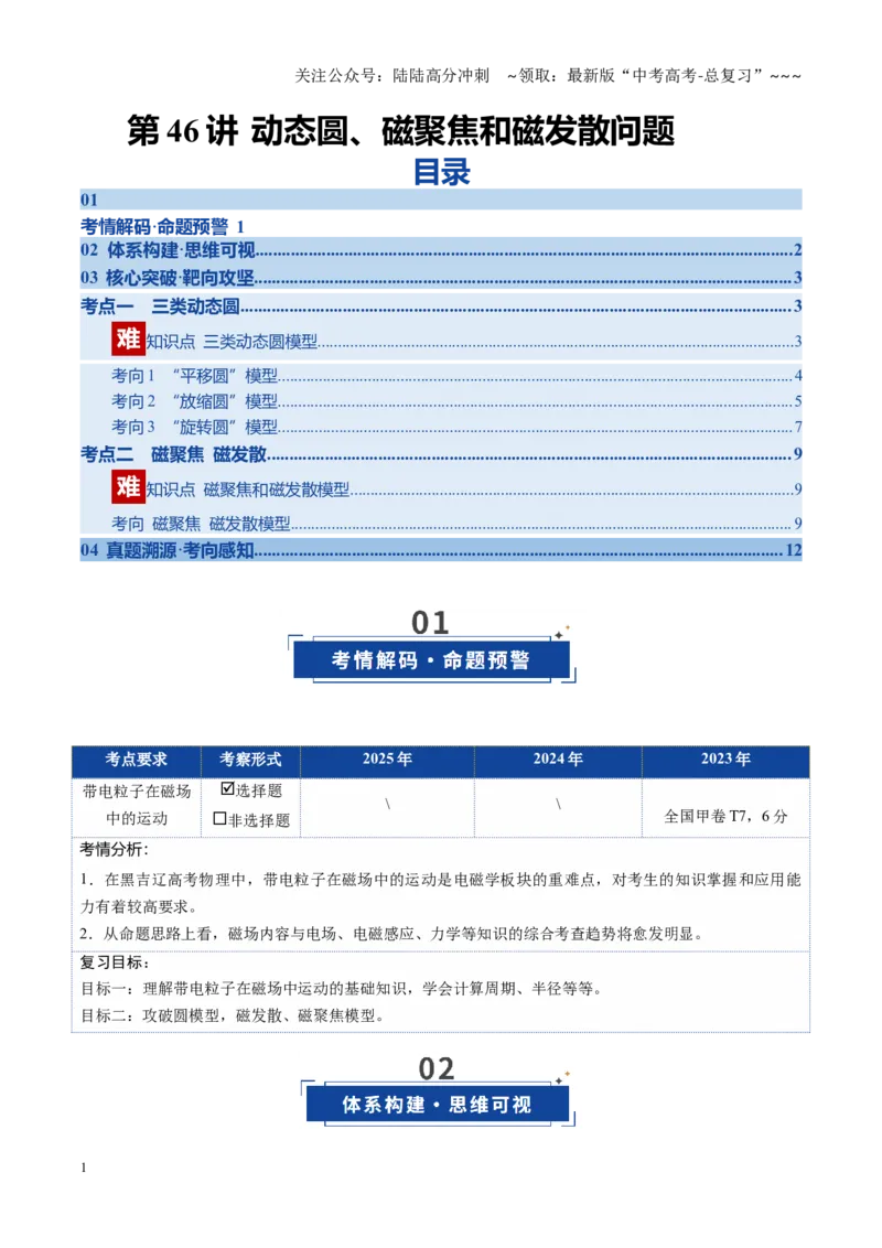 《第46讲动态圆、磁聚焦和磁发散问题（复习讲义）（黑吉辽专用）（学生版）_04-物理-高考总复习_一轮复习_2026年-物理高考一轮复习_2026年高考物理一轮课件+讲义+练习（黑吉辽蒙专用）-G330》第1页预览