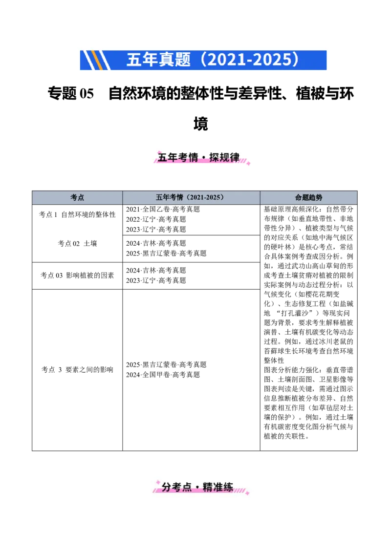 《专题05自然环境的整体性与差异性、植被与环境（教师版）_地理_2026年-地理高考专项复习_五年（2021-2025）高考地理真题分类汇编（黑吉辽蒙专用）-G341》第1页预览