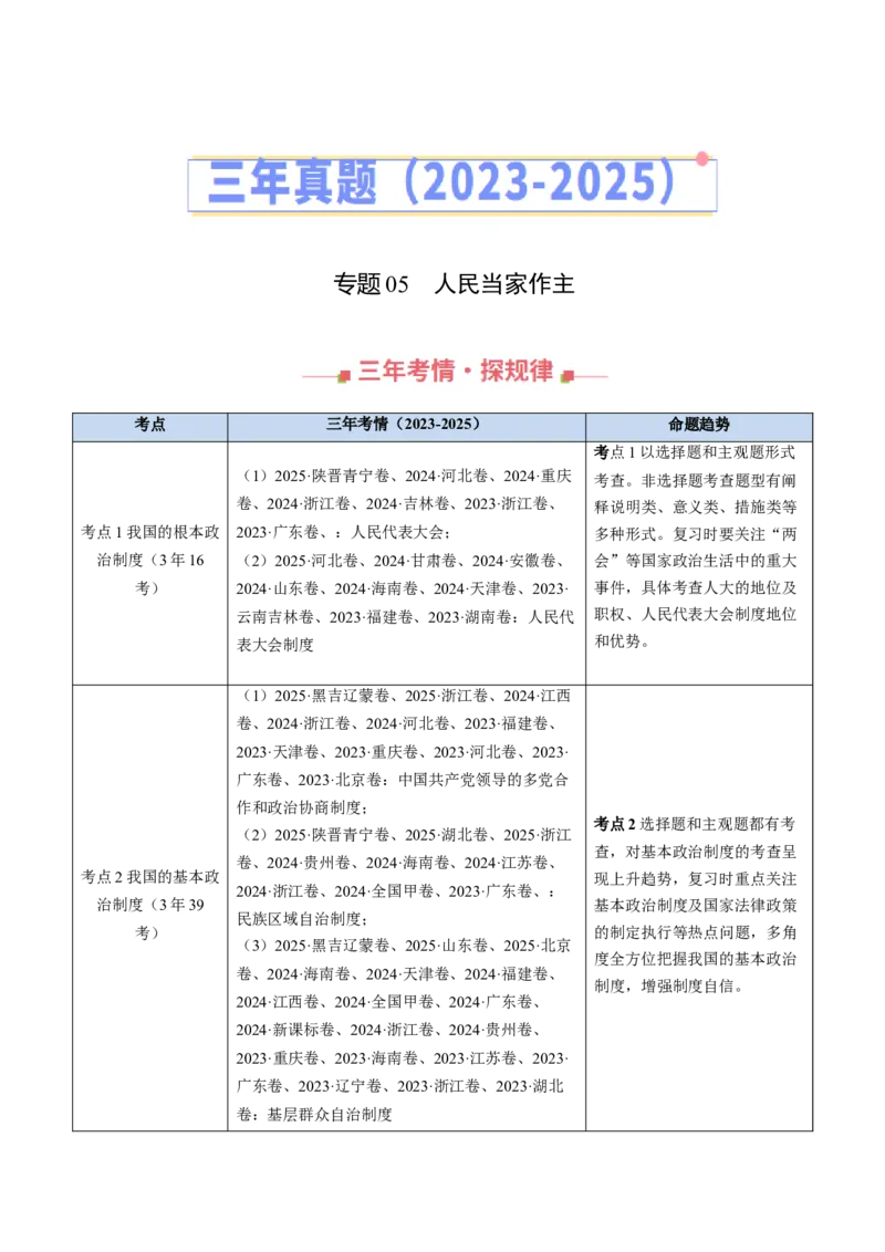 《专题05人民当家作主（全国通用）（教师版）_zheng治_2026年-政治高考专项复习_三年（2023-2025）高考政治真题分类汇编（全国通用）-C430》第1页预览