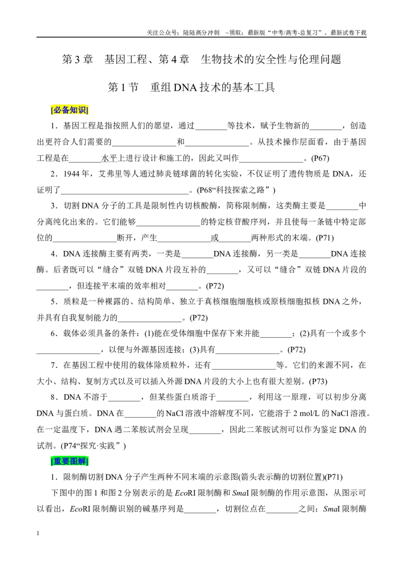 《第3章基因工程、第4章生物技术的安全性与伦理问题（填空版）-7页_06-生物-高考总复习_专项复习_2025年_2025年高考生物知识速记与提升_资料_选择性必修3》第1页预览