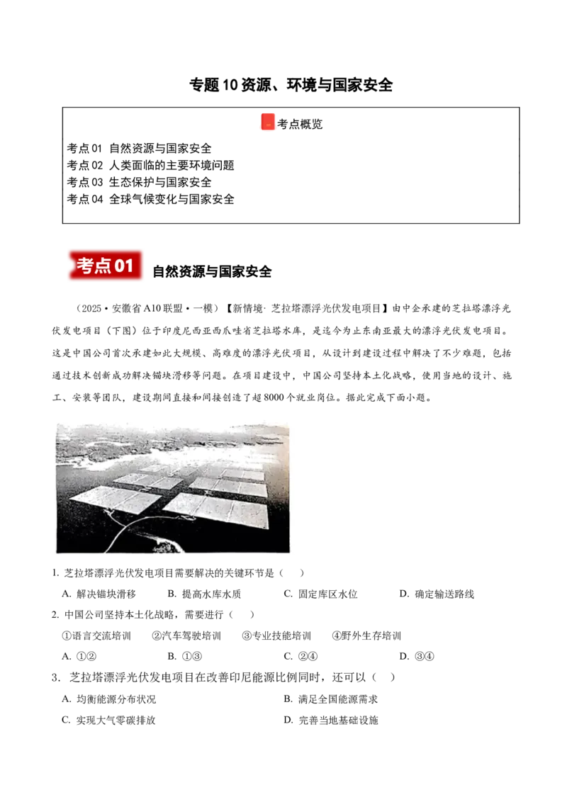 《专题10资源、环境与国家安全（高频选择题110题）（教师版）_地理_2026年-地理高考专项复习_2025年高考地理一模试题分类汇编（新高考通用）》第1页预览