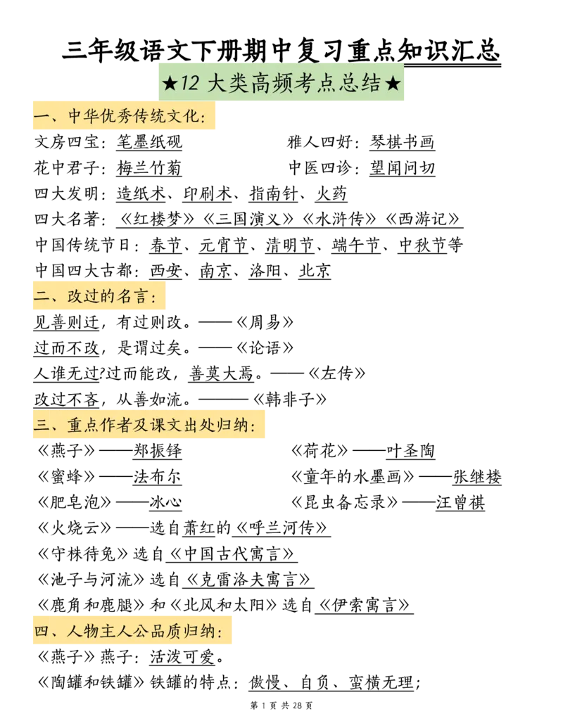 《三（下）语文期中复习重点知识汇总-12大高频考点_3年级下册同步教辅_3下-语文_三下语文核心考点》第1页预览