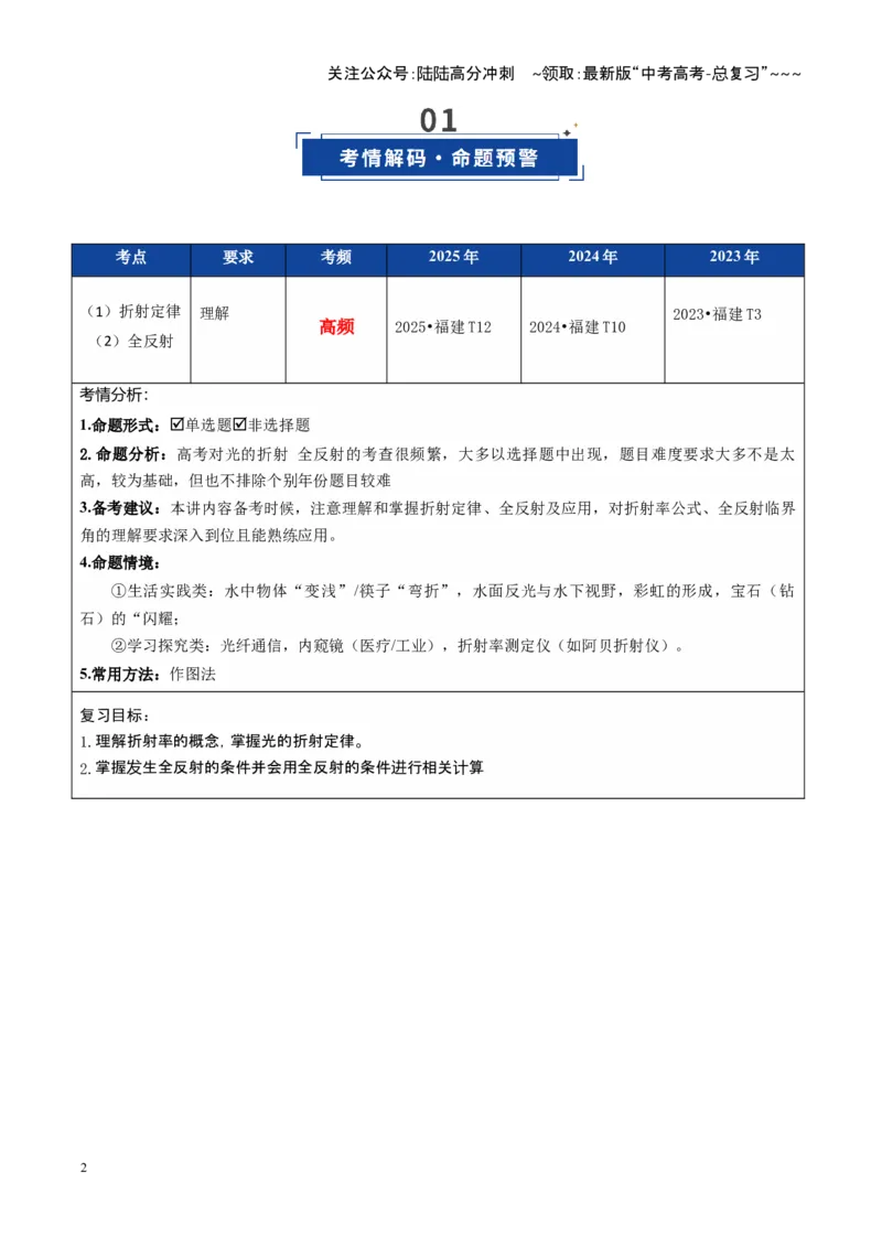 《第46讲光的折射全反射（复习讲义）（福建专用）（学生版）_04-物理-高考总复习_一轮复习_2026年-物理高考一轮复习_2026年高考物理一轮课件+讲义+练习（福建专用）-G328》第2页预览
