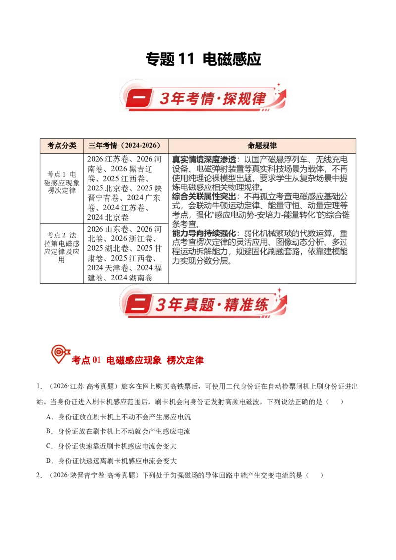 《专题11电磁感应（3年汇编）（全国通用）（学生版）_地理_2027年高考地理专项复习_三年（2024-2026）高考物理真题分类汇编（全国通用）-C420》第1页预览