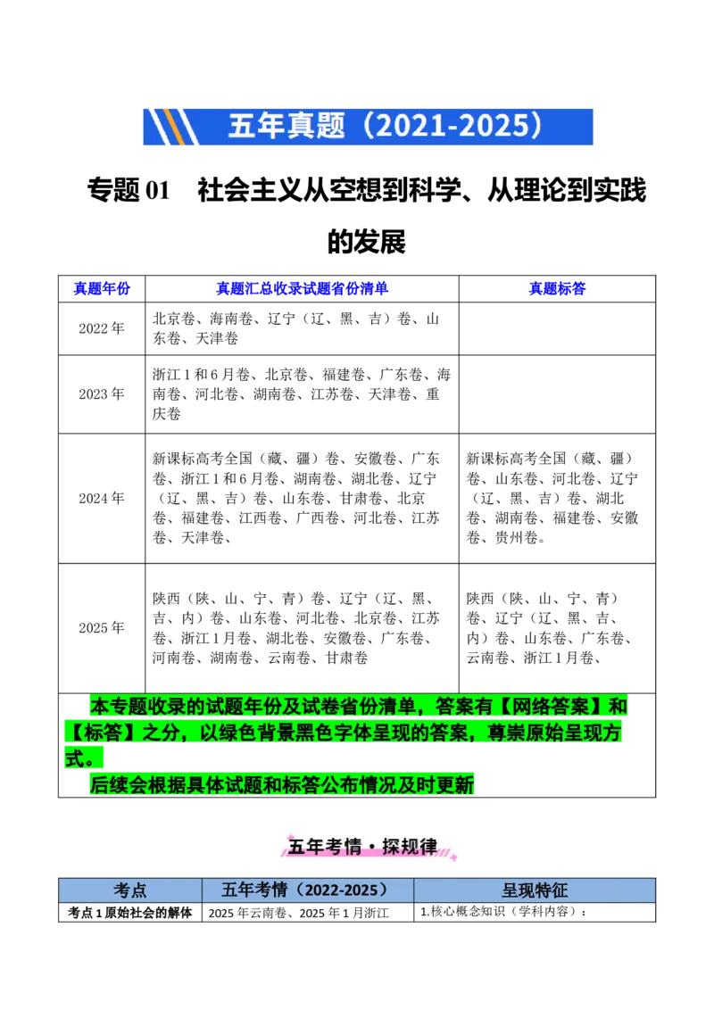 《专题01社会主义从空想到科学、从理论到实践的发展（全国通用）（解析版）_zheng治_2026年-政治高考专项复习_五年（2021-2025）高考政治真题分类汇编（全国通用）-C438》第1页预览