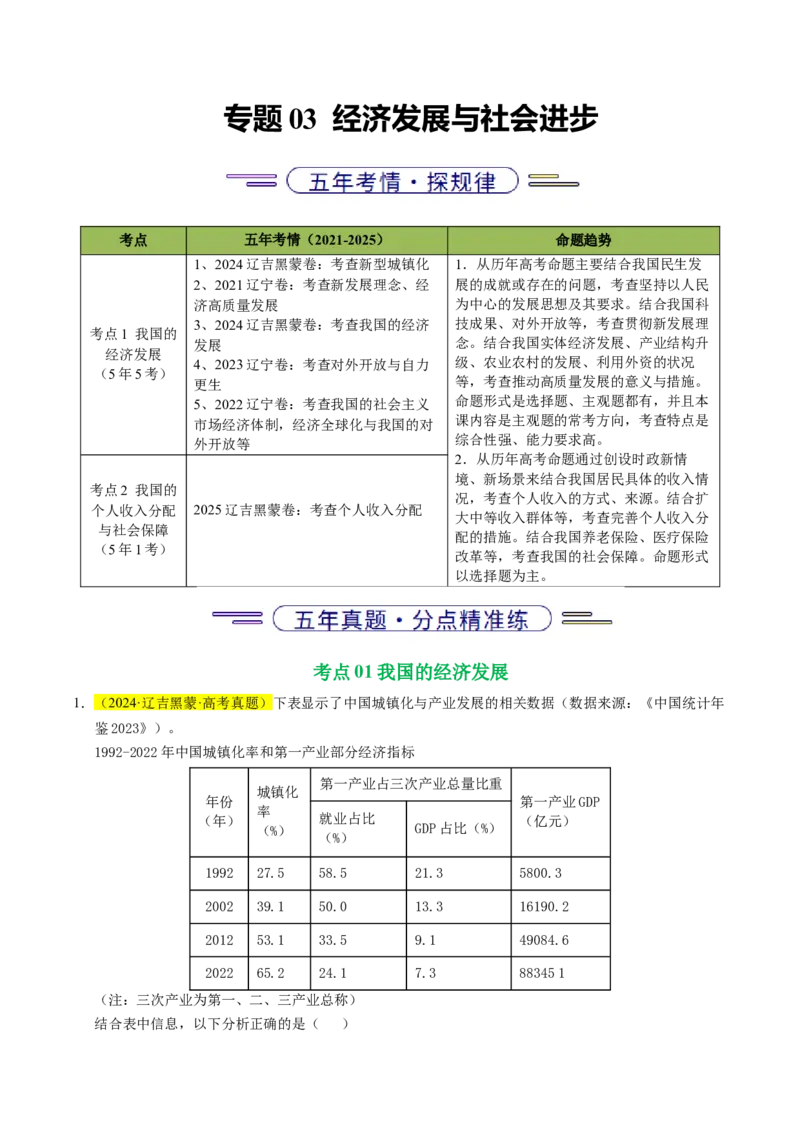 《专题03经济发展与社会进步（辽吉黑蒙专用）（学生版）_zheng治_2026年-政治高考专项复习_五年（2021-2025）高考政治真题分类汇编（黑吉辽蒙专用）-G341》第1页预览