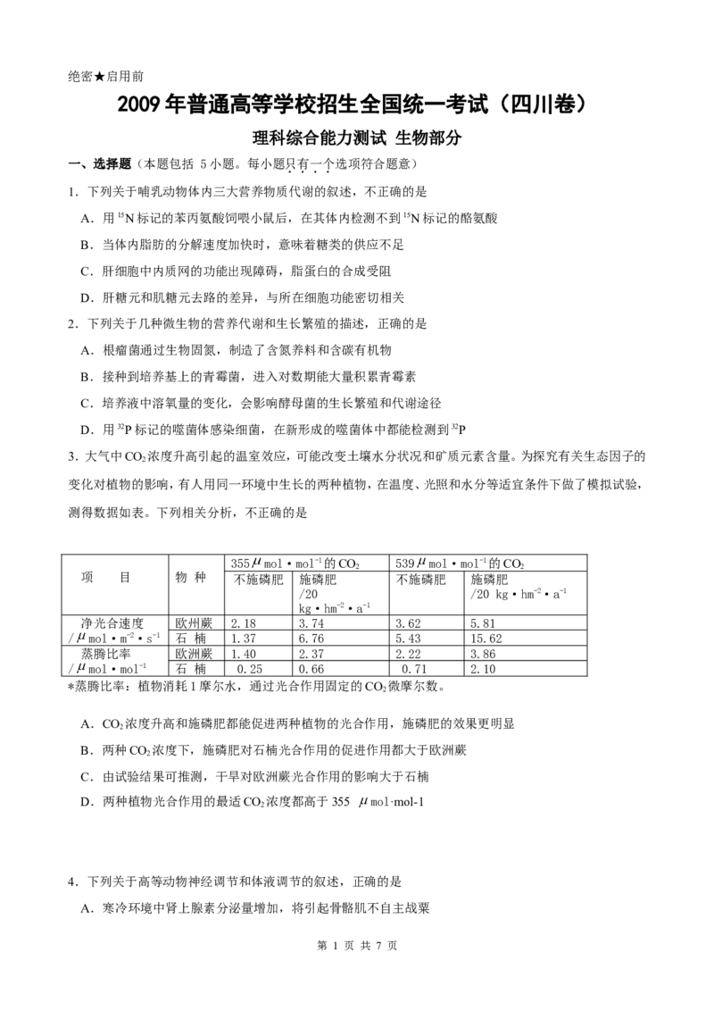 《2009年四川省高考生物试卷及答案_高考一二三轮复习_生物_2026年-生物高考专项复习_2008年-2025年生物高考真题_2008-2020年高考_地方卷_四川高考生物08-20》第1页预览