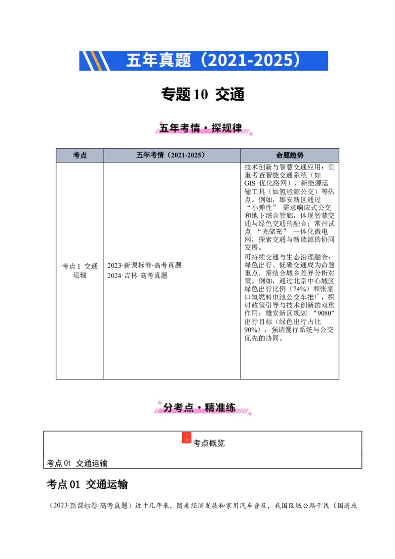 《专题10交通（学生版）_地理_2026年-地理高考专项复习_五年（2021-2025）高考地理真题分类汇编（黑吉辽蒙专用）-G341》第1页预览