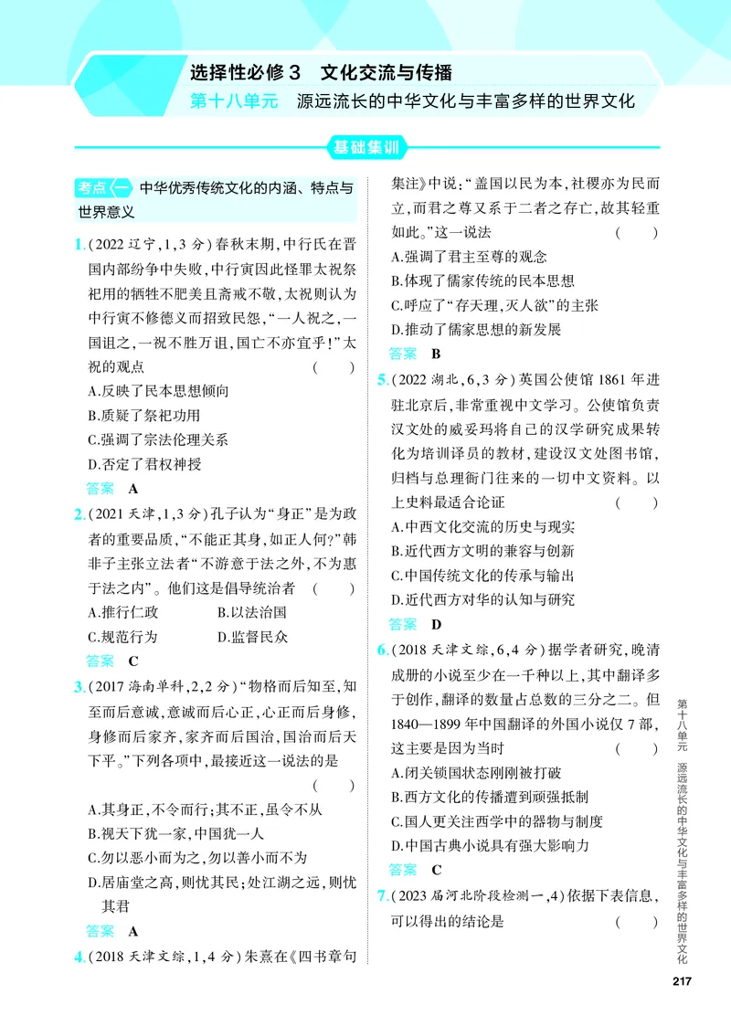 《2_习题部分PDF-18-第十八单元　源远流长的中华文化与丰富多样的世界文化_2024版教学资源包_2024版.新高考版历史.5·3A版_18_第十八单元源远流长的中华文化与丰富多样的世界文化》第1页预览