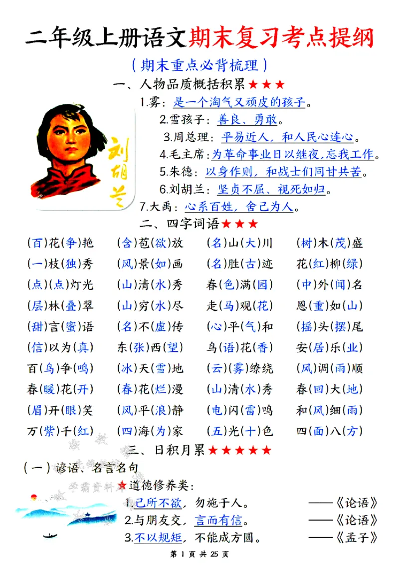 《二上语文期末复习考点提纲SY_2年级上册同步教辅_2上-语文_二上语文-核心考点》第1页预览
